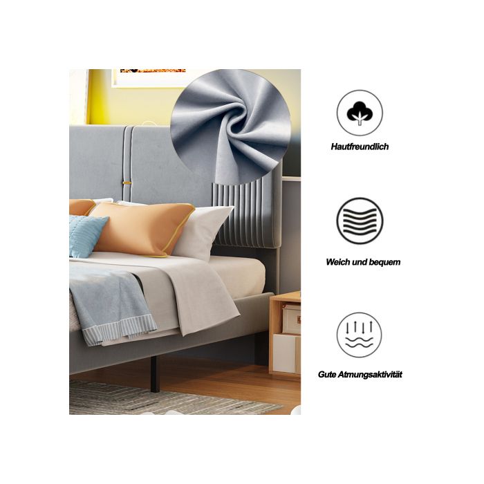 Lit capitonné - MUVOE - 160x200 cm - avec barre lumineuse - prise USB - grands tiroirs gris