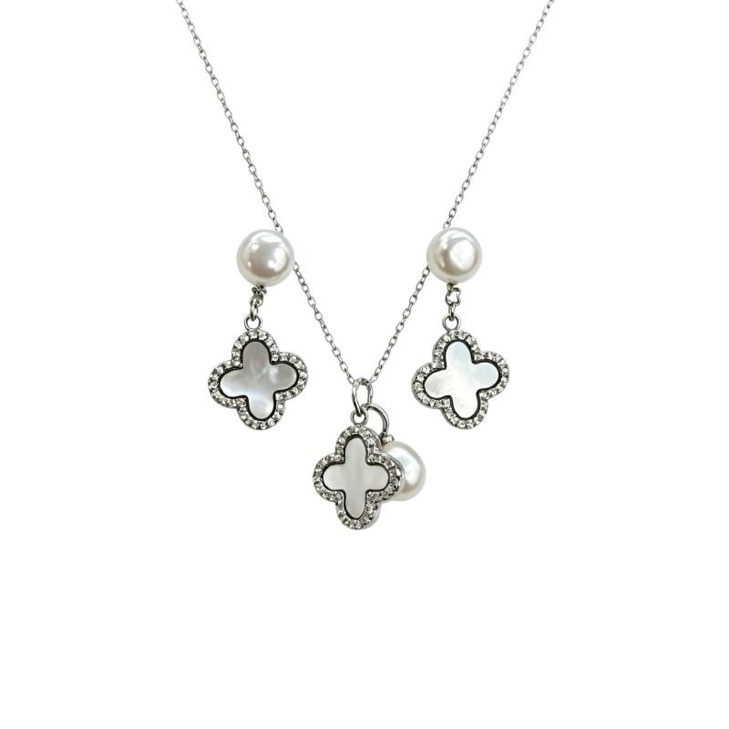Minimalist Four Leaf Clover White Mother Of Pearl Earring Necklace Set Women Post Copper Plated Office