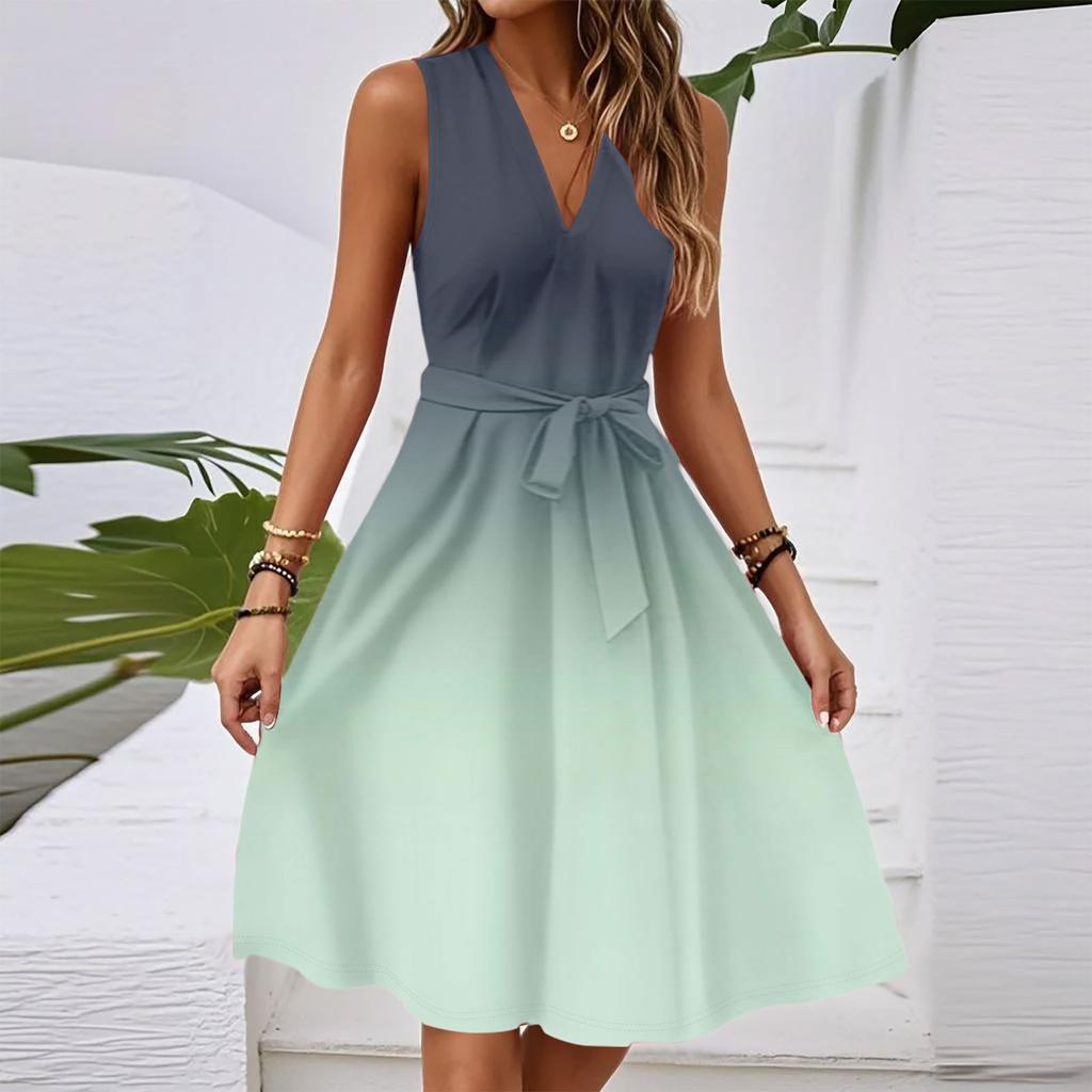 Женское весенне-летнее повседневное миди-платье без рукавов с V-образным вырезом, приталенное, с градиентным принтом