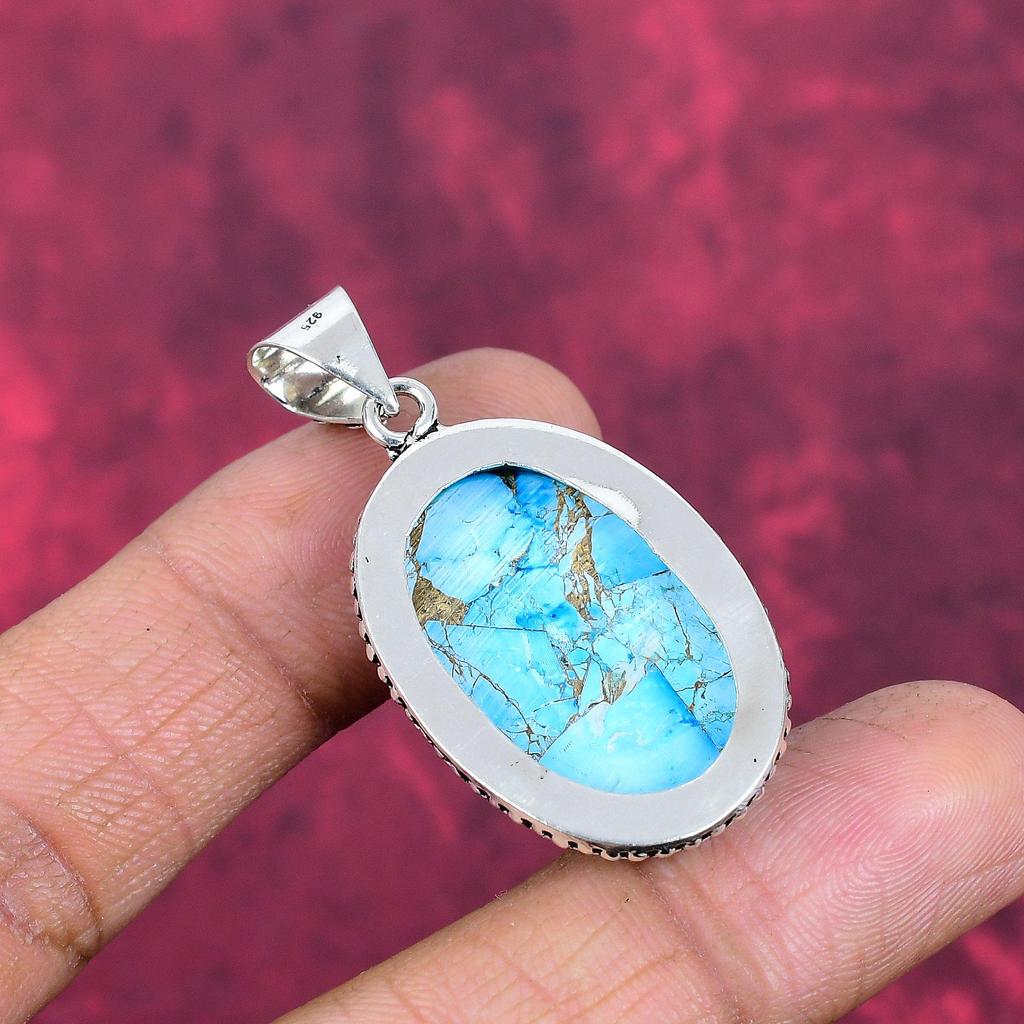 Голубой медный бирюзовый кулон ручной работы с драгоценными камнями, 925 пробы серебряный кулон, старинные ювелирные изделия, для подарка на помолвку