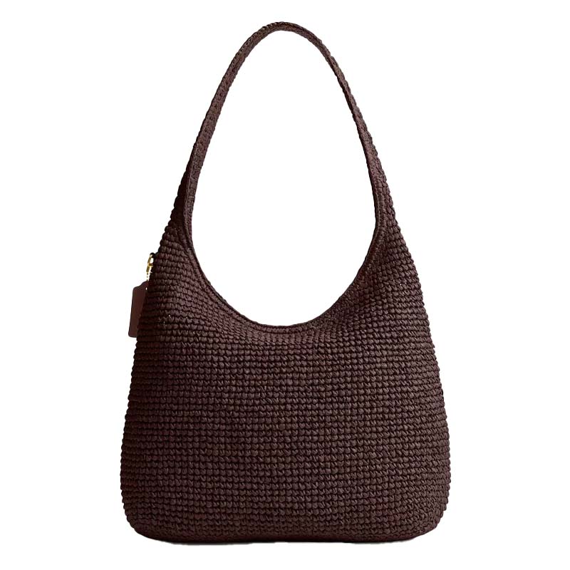Coach Большая плетёная сумка-хобо коричневого цвета с тиснёным логотипом для повседневного использования