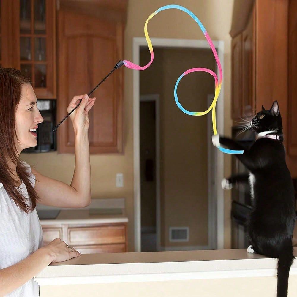 Wand Rainbow Toy, 3pcs Rainbow Ribbon Cat Wand For Kittens Training Rainbow Ribbon Cat Interactive Catcher Wand Stick Toy For K