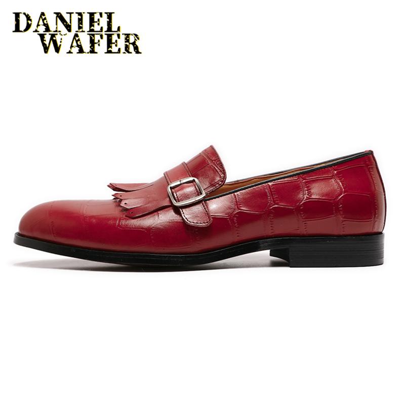 Роскошные мужские лоферы Повседневные мужские туфли Ручной работы Принт под камень Ремешок с пряжкой Слипоны Черные Красные Туфли из натуральной кожи