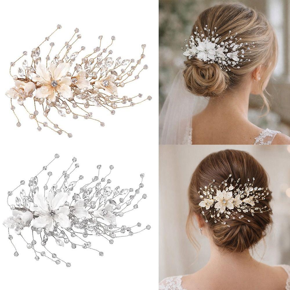 Fashion Shiny Crystal Beads Hair Clips Handmade Fairy Flower Fairy Flower Headpieces Hair Styling Jewelry Side Clips for Bride