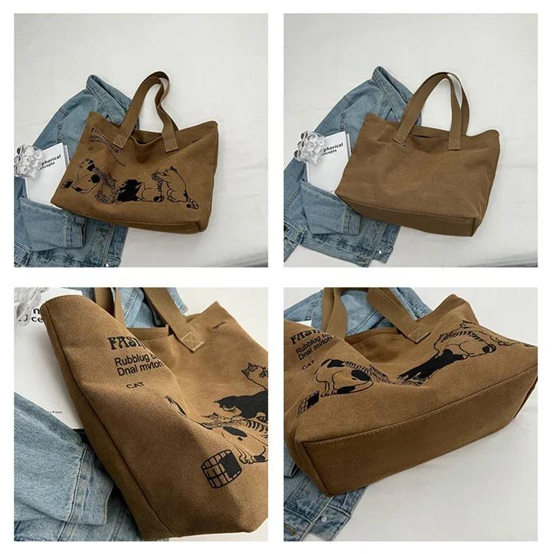 Large Capacity Anime Cat Canvas Tote Women's Letter Print Shoulder Bag Casual Commute for Girls Portable