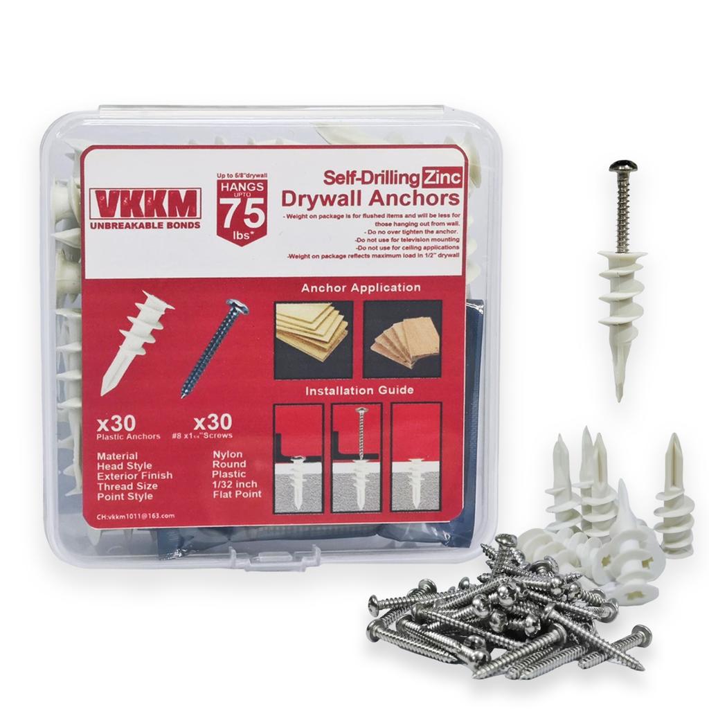 VKKM #8 X 1-1/4'' Self-Drilling Zinc Plated Drywall Anchors with Screws - 30 To 240-Piece Pack for Heavy Duty Wall Mounting