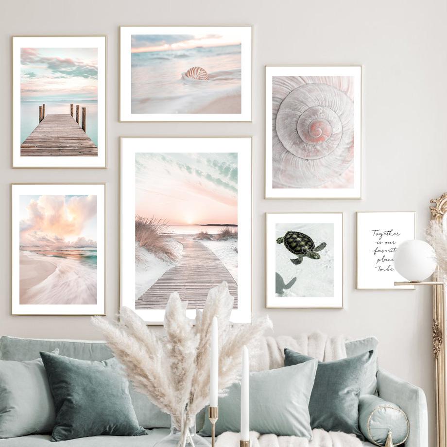 Wall Art Print Calm Beach Waves Raft Road Turtle Shells Reed Canvas Painting Nordic Poster Decoration Pictures For Living Room