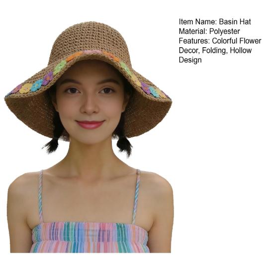 Beach Hat Hollow Design Large Eaves UV Blocking Colorful Flower Decoration Sun Protection