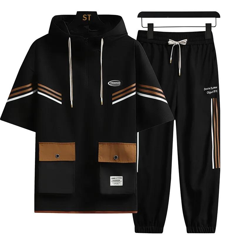 Летний мужской повседневный спортивный тонкий брючный костюм с короткими рукавами и капюшоном