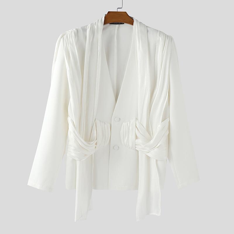 INCERUN Мужские блейзеры с V-образным вырезом, длинным рукавом, блестящие, с оборками, в стиле пэчворк, тонкие, свободного кроя, для вечеринок