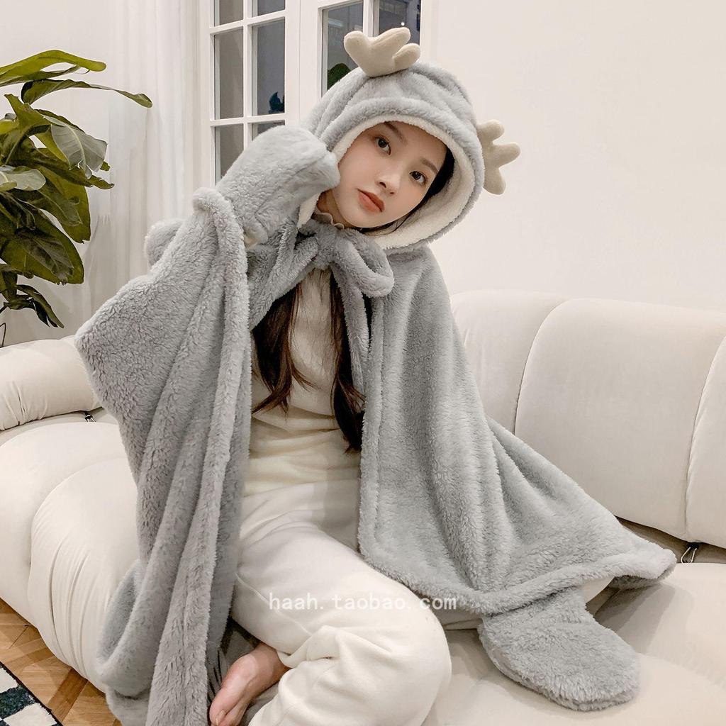 Уютная шаль с кроличьими ушками для осени и зимы - Толстое, милое одеяло для офиса, студентов или для сна