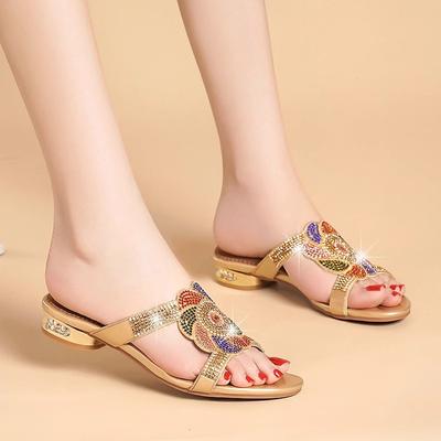 Новые сандалии со стразами женские шлепанцы на высоком каблуке летние на толстом каблуке с бриллиантовым кристаллом универсальные на среднем каблуке модные уличные крутые шлепанцы