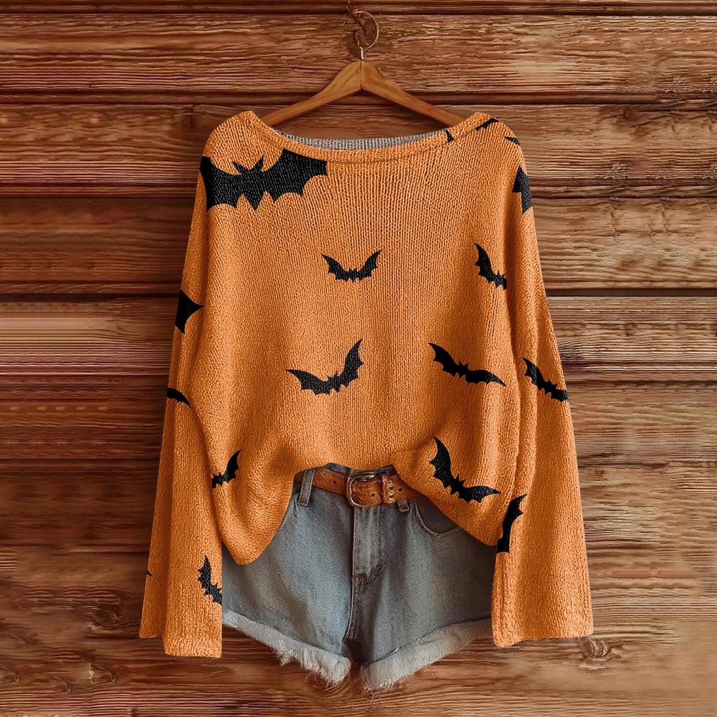 Women's Halloween Sweater, Bohemian Vintage Pattern Print Long Sleeve Knit Pullover