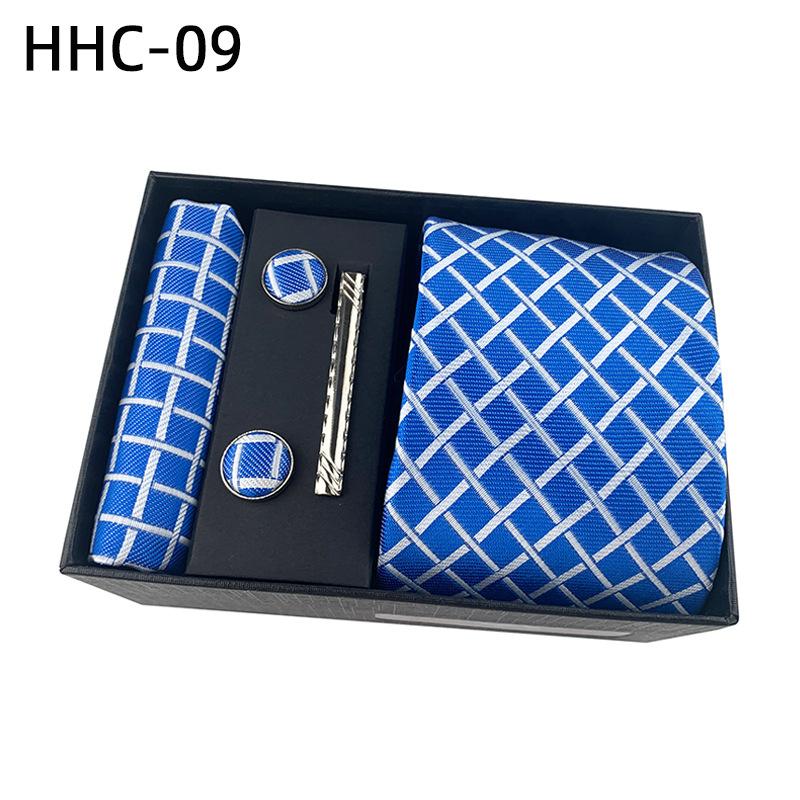 Men'S Striped Flower Plaid Tie Square Towel Cuffs Tie Clip Gift Box Set Business Casual Tie Black
