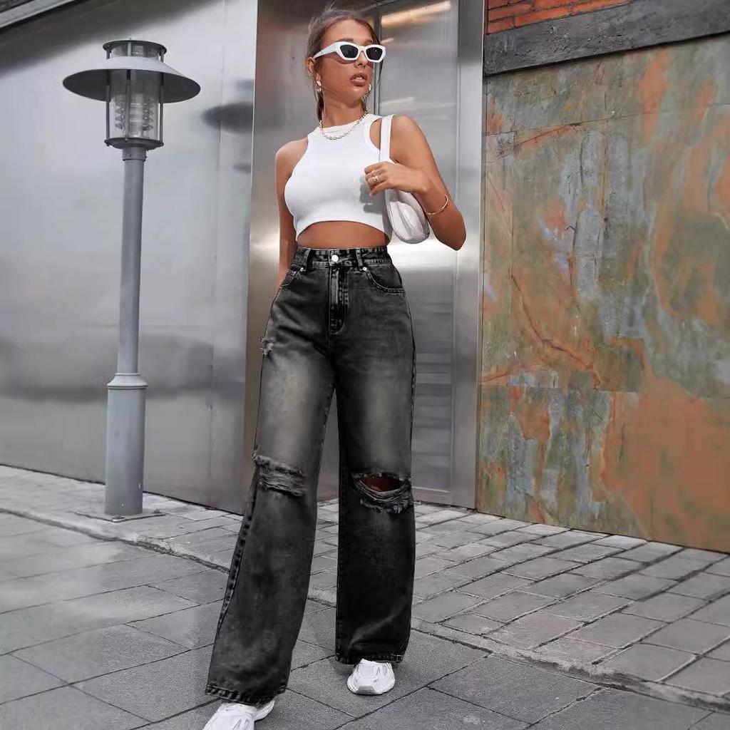 Women's INS Fashion Ripped High-Waisted Wide-Leg Jeans