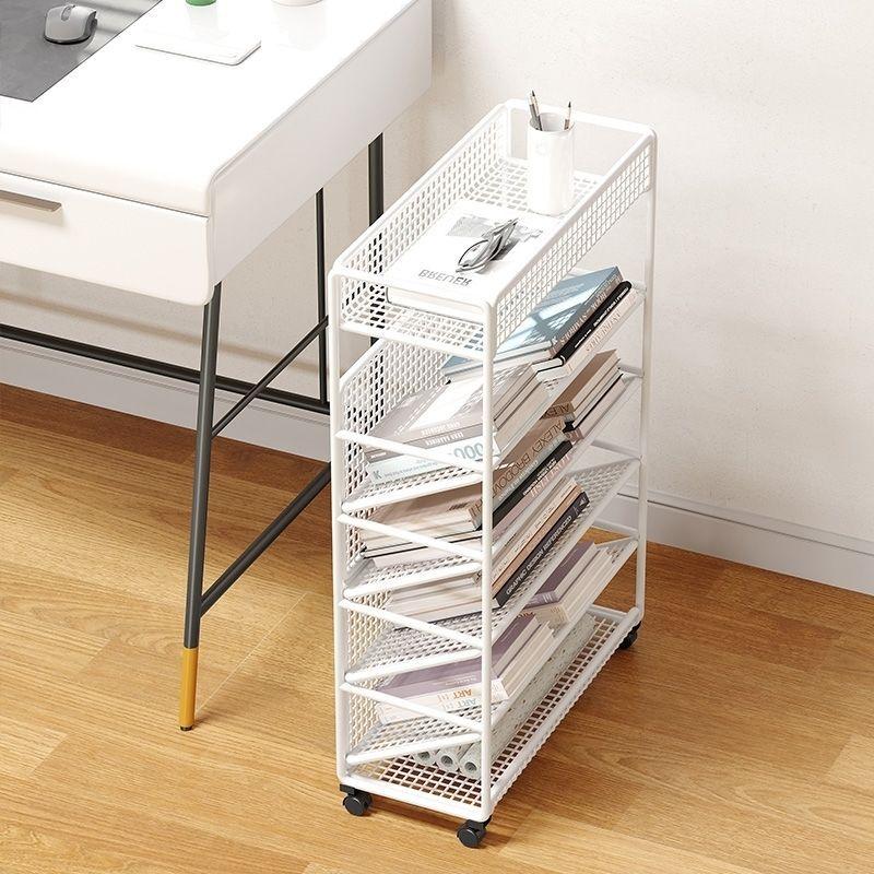 Large Bookshelf Library Cart Mobile Book Storage Shelf Metal Bookcase Holder Office Desk Document Storage Rack Kidroom Organizer