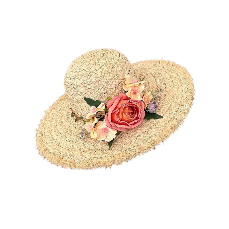 Women's Summer Floral Hand Woven Raffia Straw Hat French Style Wide Brim Sun Protection Hat Beach Vacation Sun Hat