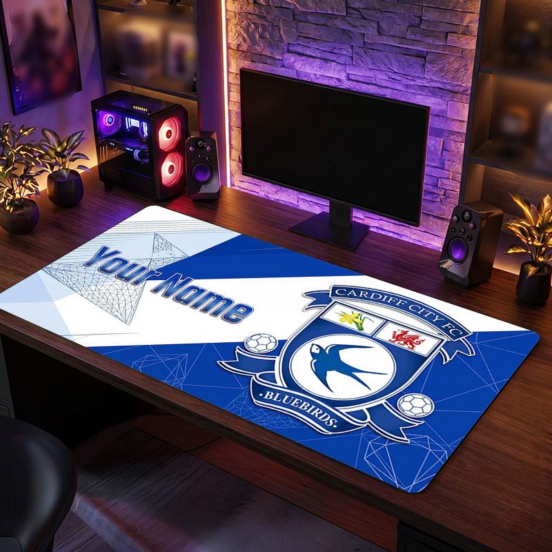 Cardiff City Custom Large Mouse Pad, Personalized Name Text Print, Football Logo Non‑Slip Desk Mat Gaming Gift