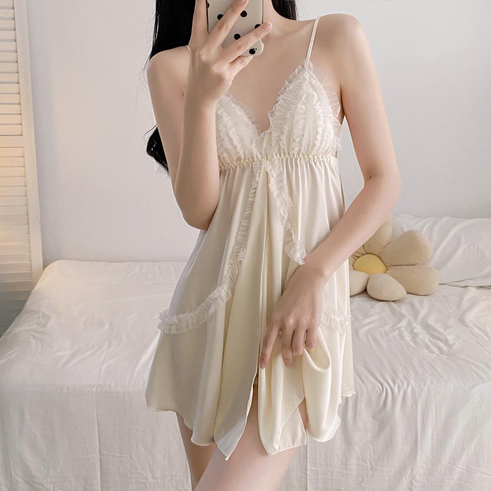 Seductive Ice Silk Nightgown with Chest Pads and Slit