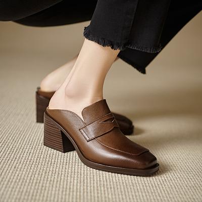 Мода 2025 Весна Туфли из натуральной кожи Женские тапочки Высокие каблуки Высокий квадратный носок Мюли Женские офисные туфли Слайды Женские туфли-лодочки