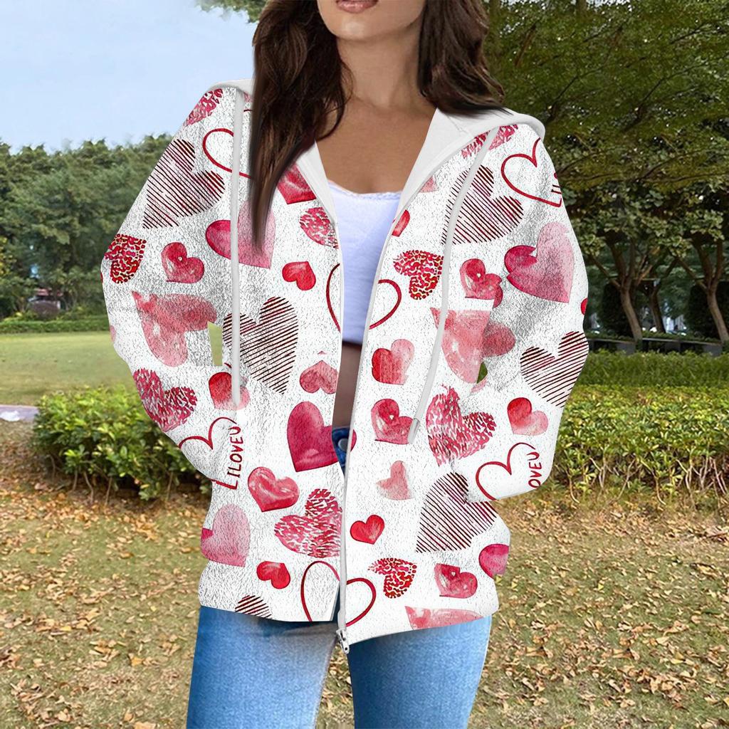 Women's Fashion Casual Long Sleeve Valentine's Day Print With Pocket Zipper Cardigan Jacket