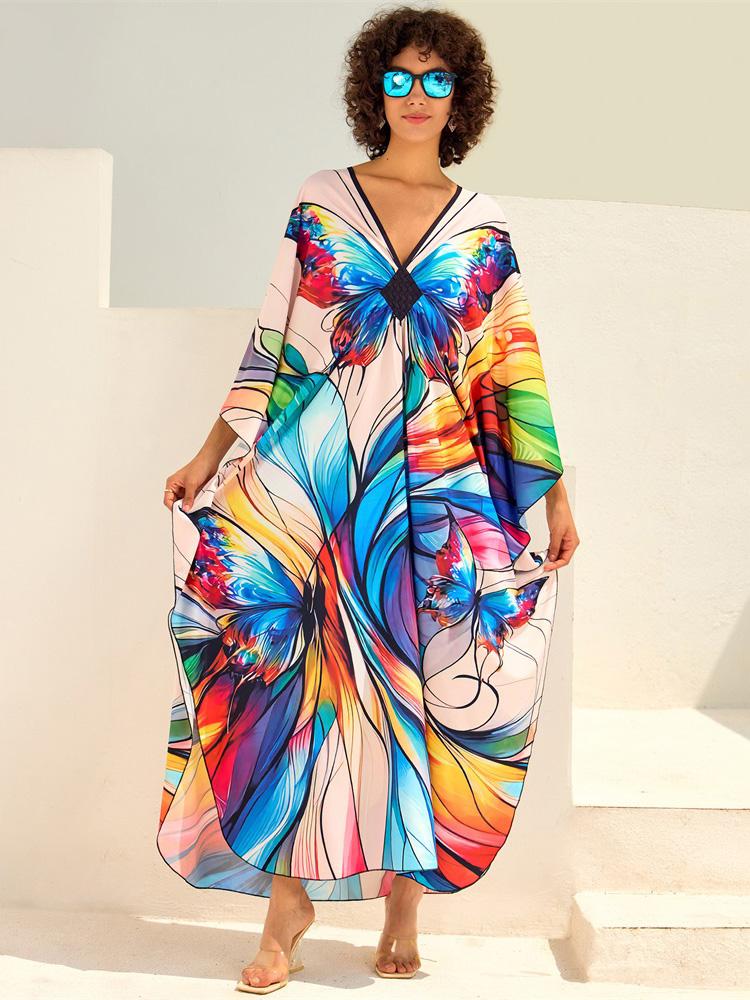 EDOLYNSA Плюс размер кафтан богемный зеленый павлин с принтом летнее длинное пляжное платье женская домашняя одежда наряд купальный костюм накидка свободный кафтан