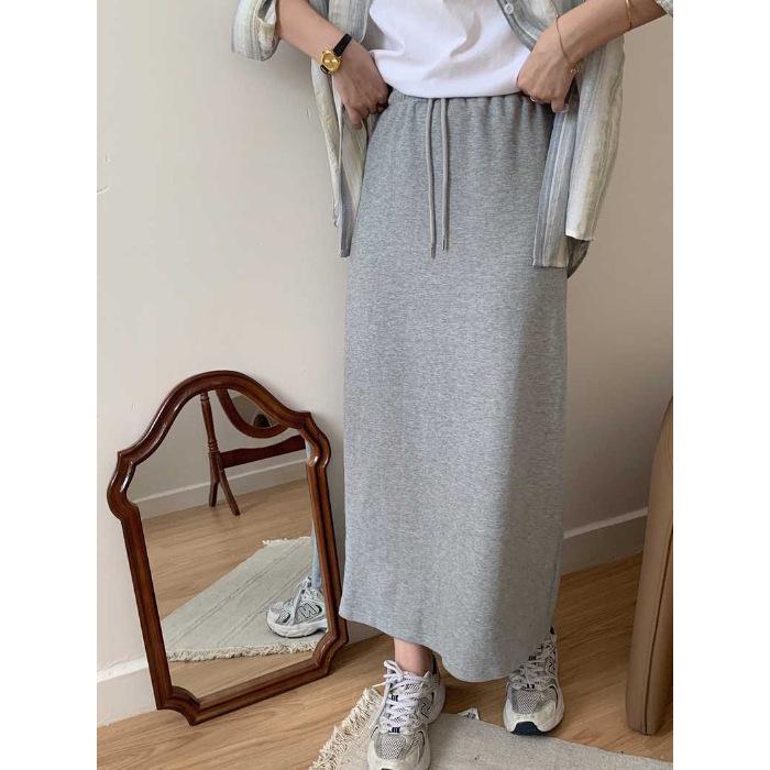 Женская юбка с высокой талией и шнуровкой: Новый стиль весна/осень, повседневное платье А-силуэта с драпировкой, средней длины с разрезом на бедрах.