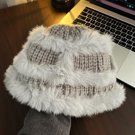 Women Fisherman Hat Imitation Rabbit Fur Decor Autumn Winter Windproof Warm Dome Soft Knitting Basin