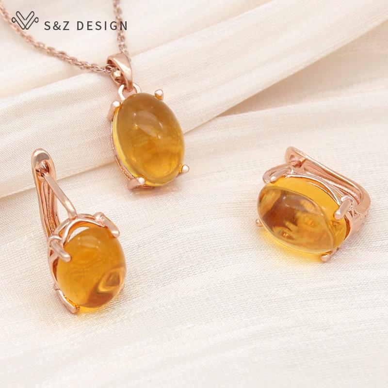 Fashion Egg Shape Oval Drop Earrings Jewelry Sets For Women Wedding Rose Gold Color Classic Pendant Necklace