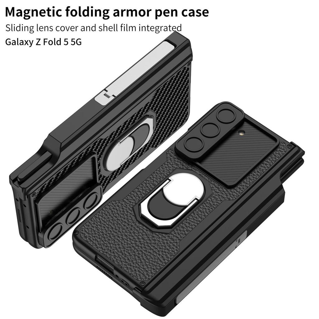 Магнитный кожаный бронированный чехол для Samsung Z Fold 5 с окошком для камеры и держателем для стилуса
