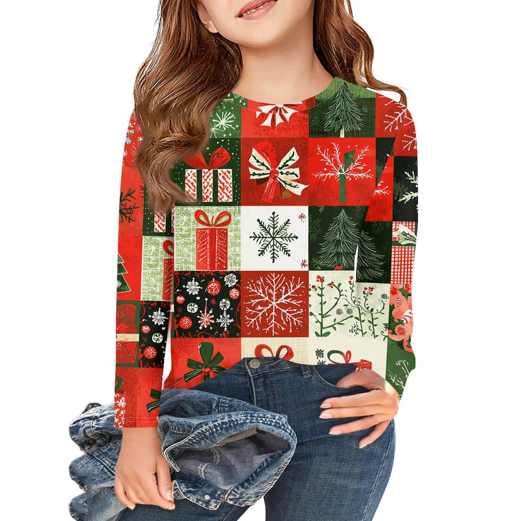 Christmas Day Girls Long Sleeve T Shirts Kids Fall Tops Crewneck Printed Basic Tees