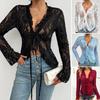 Womens Sexy Open Front Tie Long Sleeve Ruffle Trim Sheer Lace Crop Tops Blouse