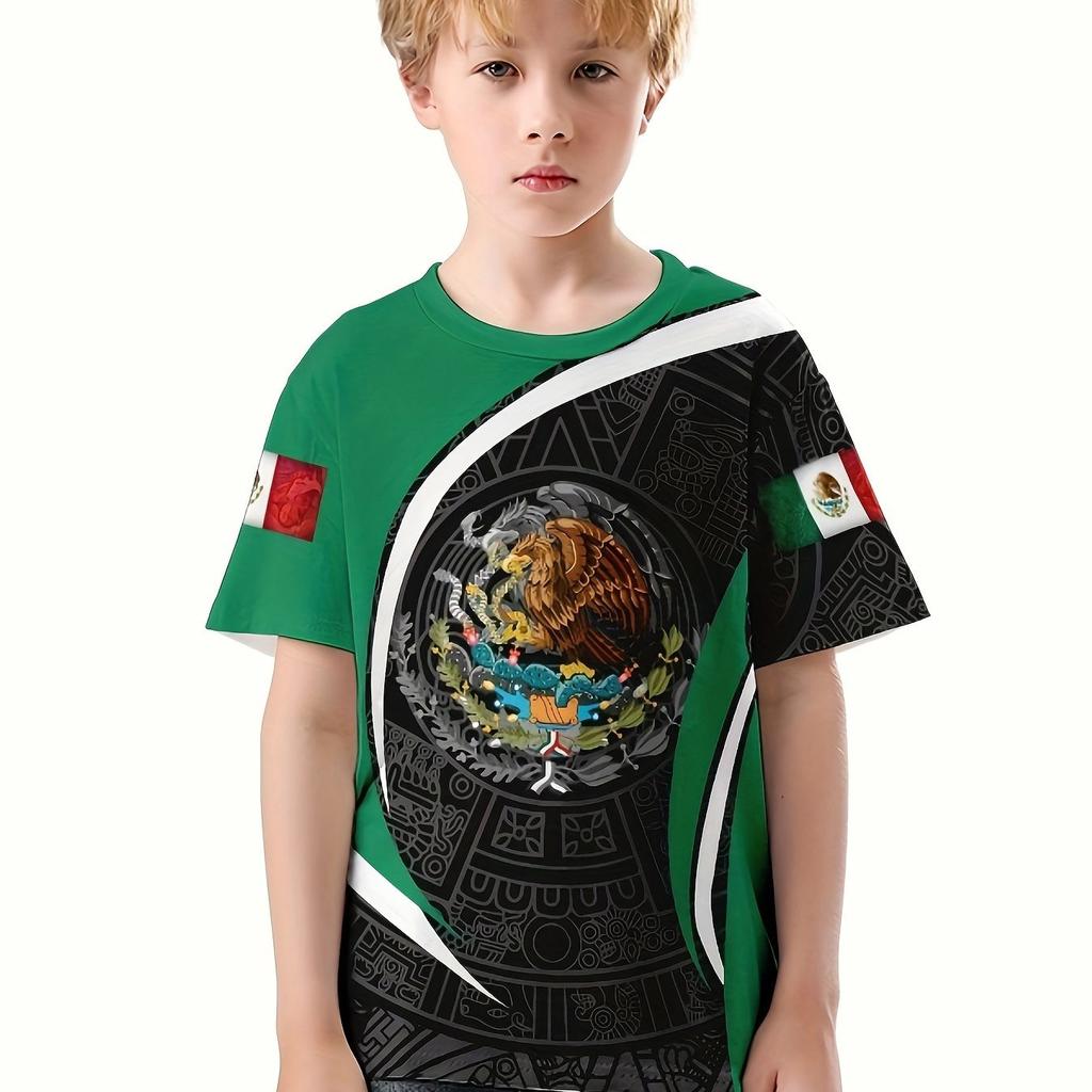 Детская одежда для мальчиков, летняя мода, 3D-графический принт с флагом Мексики, футболка с коротким рукавом, яркие цвета, идеально подходит для повседневной носки