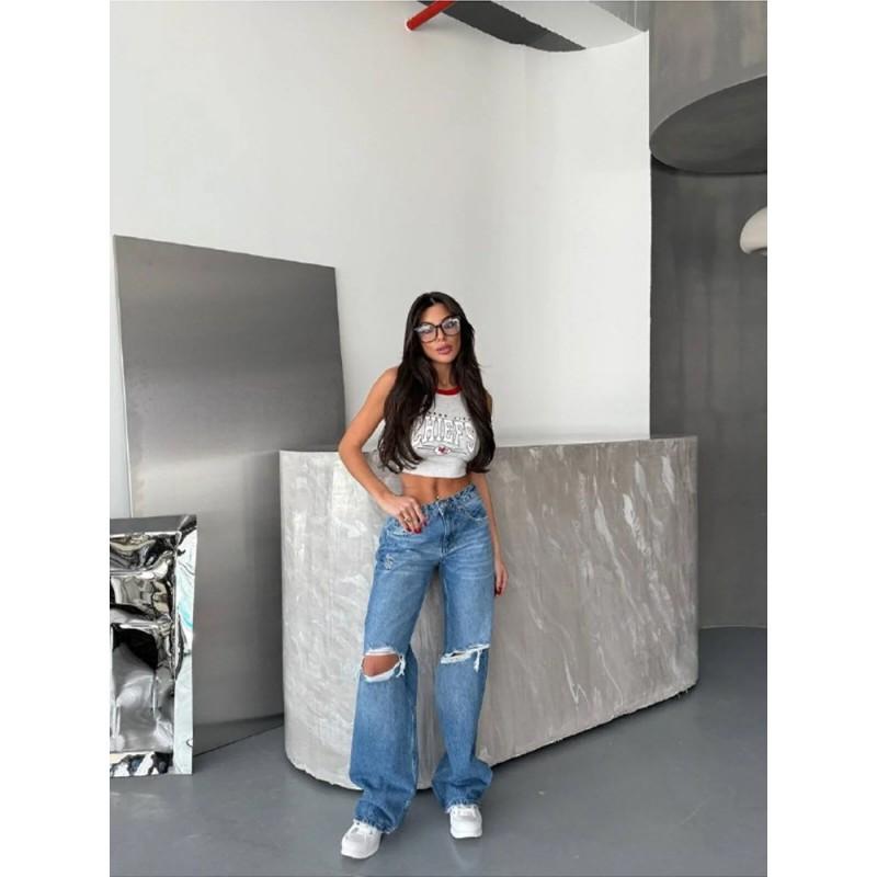 Womens High-Waisted Distressed Washed Straight Leg Jeans Loose Fit Casual Trousers 2025