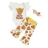 Baby Girls Summer Outfits Short Sleeve Letter Print Romper with Bull Head Pattern Flare Pants and Headband Farm Clothes