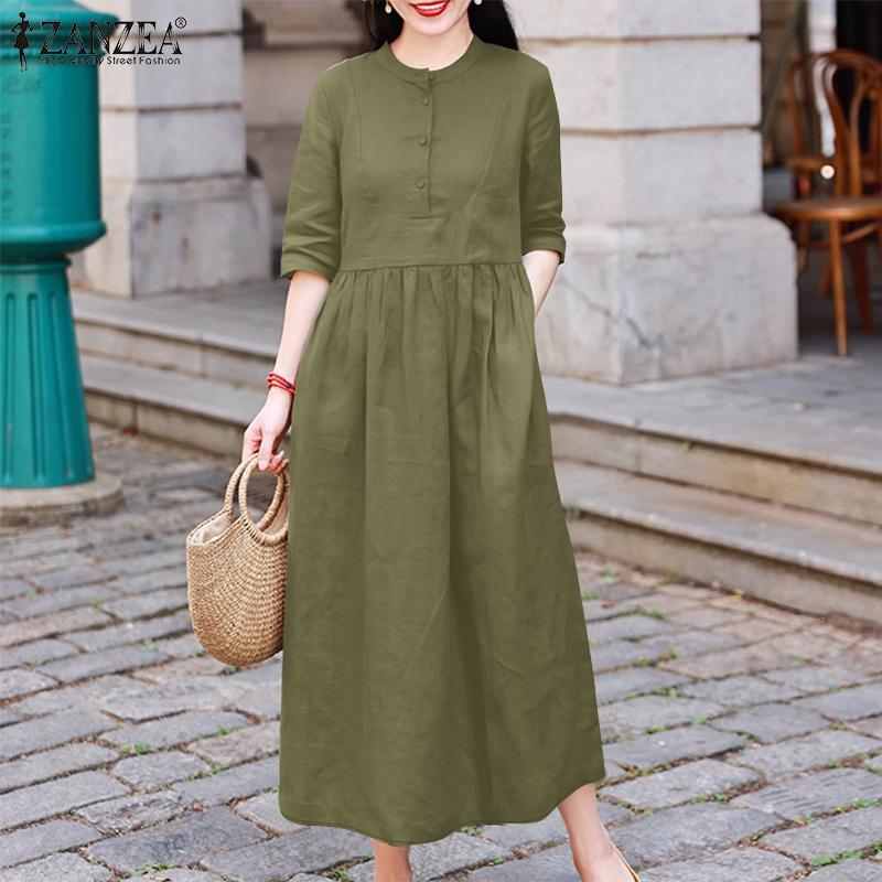 ZANZEA Women Casual O-neck Loose Summer Half Sleeve Dress