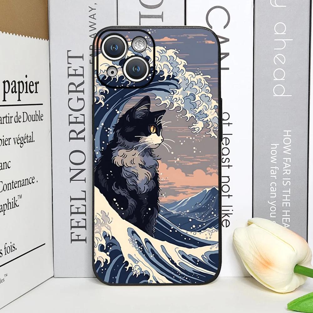 Япония Великая волна в Канагаве Чехол для телефона с кошкой для IPhone 12 Mini 11 13 14 15 16 Pro X XS Max 7 8Plus SE2 Мягкий чехол Арт Fundas