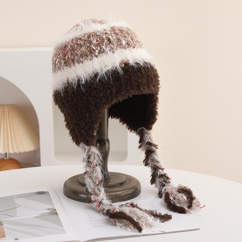 Полосатая вязаная шерстяная шапка с вставками для женщин на осень и зиму, утолщенная для тепла и защиты от холода, с защитой ушей, очки для шапки-ушанки