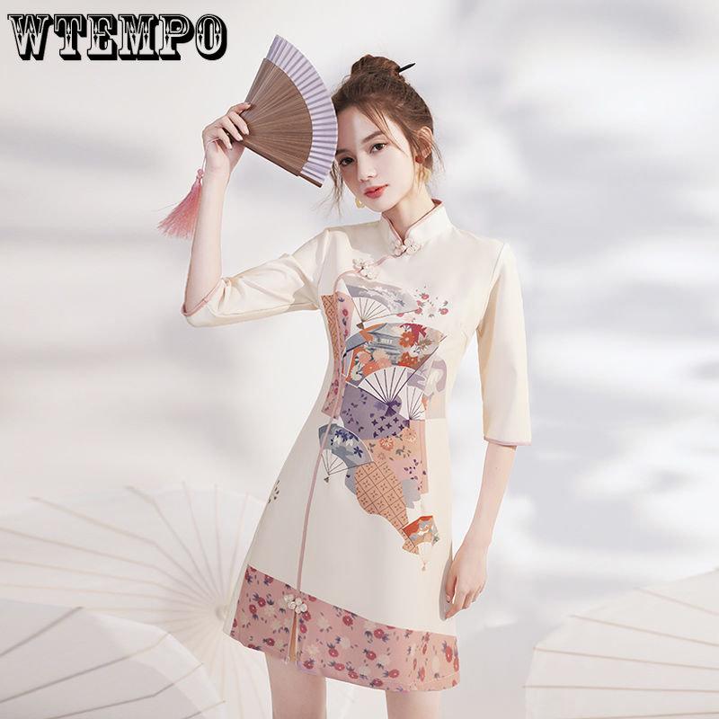 Женское платье Cheongsam на весну и осень, маленькое короткое платье Cheongsam в китайском стиле для девочек
