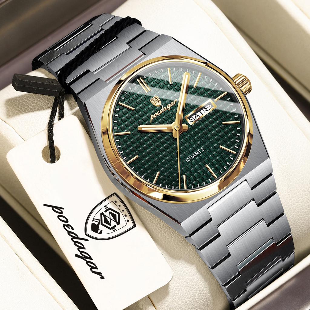 POEDAGAR Original Luxury Man Wristwatch Luminous Waterproof Stainless Steel Men's Clock Date Week Quartz Fashion Watches For Men
