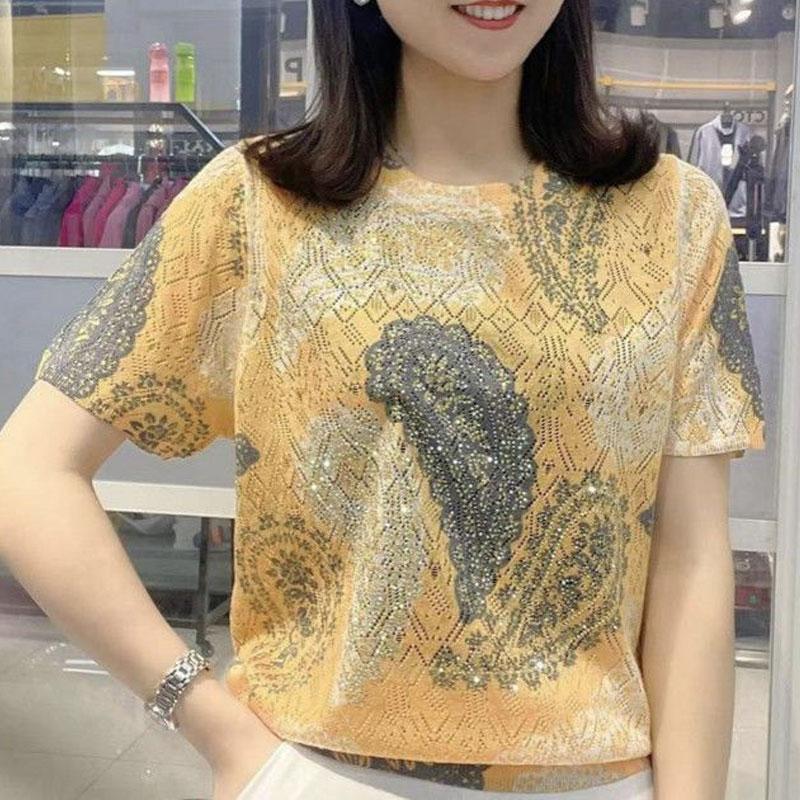 Women's Clothing Vintage Paisley Printed Pullovers Casual Summer Chic Diamonds Loose Commute O-Neck Short Sleeve T-shirt