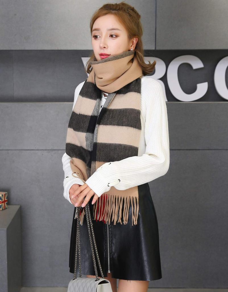 Thick Cashmere Plain 70cm Wide X 200cm Long [RAINBOW] Large, 100% Stole, Check, (Check Camel)