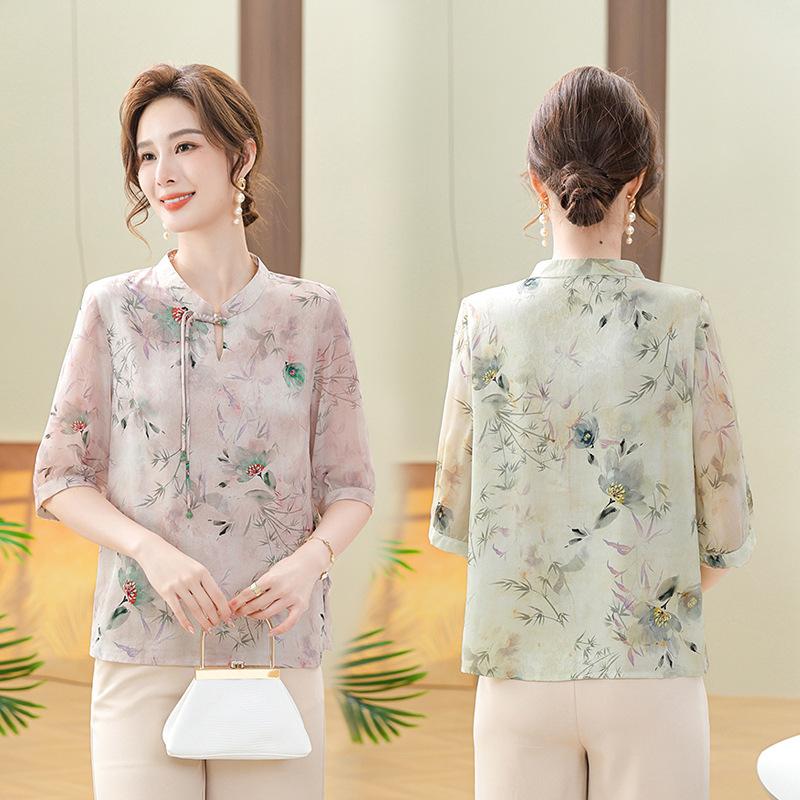 Летнее платье мамы все еще шифоновая блузка 2024 года новая одежда для женщин среднего и пожилого возраста весна и лето тонкий топ