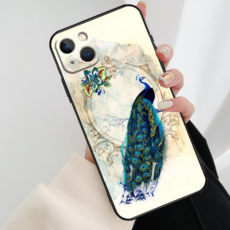 Bird Peacock Feather Phone Case For iPhone 13 14 15 16 Pro Max 11 12 XS XR X Plus Shockproof Bumper Soft Cover