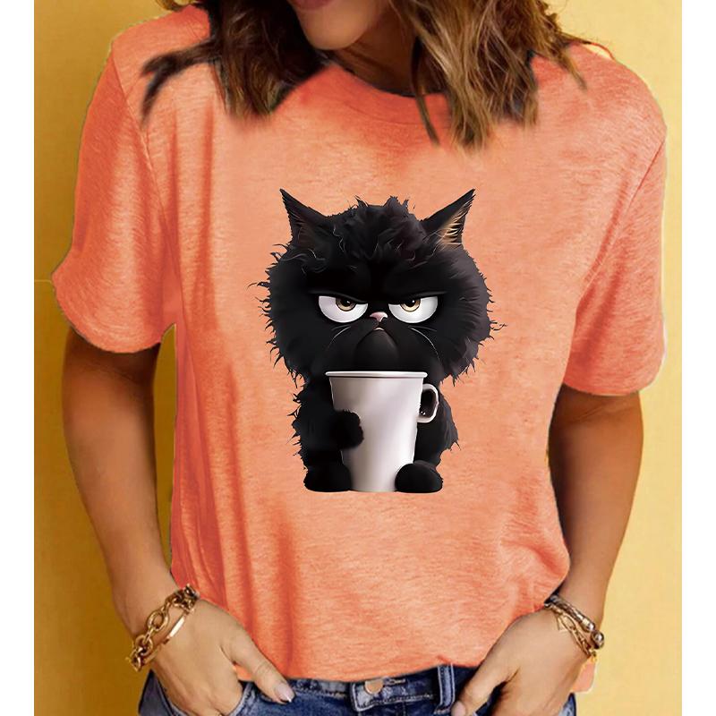 Модная женская футболка с милым принтом кота, забавная повседневная футболка с круглым вырезом и короткими рукавами, летняя женская футболка