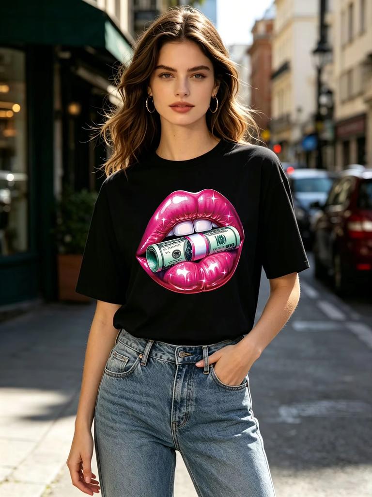 Beautiful Lips And Diamonds Printed Shortsleeved Unisex Unisexs Tshirt Casual Crew Neck Top For Spring Andsummer Novelty Clothing