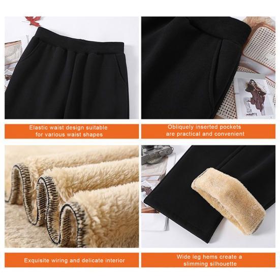 Women Autumn Winter Fleece Lining Pants Elastic High Waist Straight Wide Leg Pants Solid Color Loose Fit Long Trousers