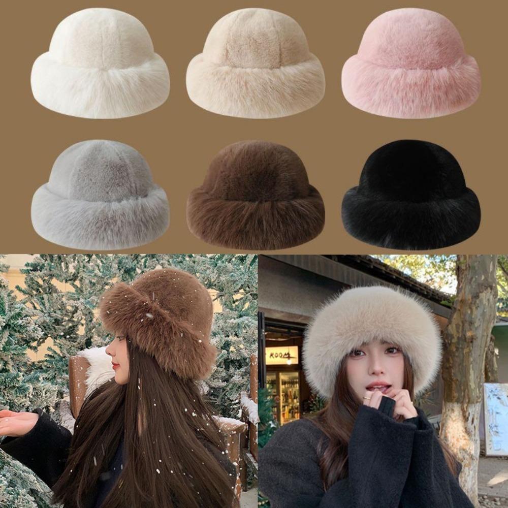 Fashion Headwear Fluffy Fur Winter Hat Thicken Fisherman Hat Cold Windproof Solid Color Panama Cap for Women Girls