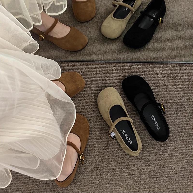 Spring 2025 New Suede Fairy with Skirt Shallow Mouth Single Shoes Retro Round Head Flat Bottom Buckle Temperament Women's Shoes