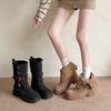 Модные женские длинные сапоги 2025 Осень Новый стиль Модные двухкомпонентные сапоги до середины икры с лацканами Ретро Универсальные мотоциклетные сапоги на толстой подошве